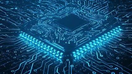 Close up of a glowing blue computer microchip circuit board.