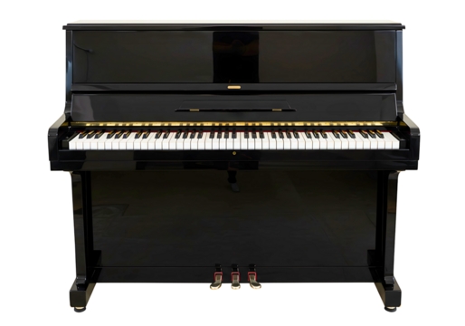 A black upright piano with white keys isolated on transparent background