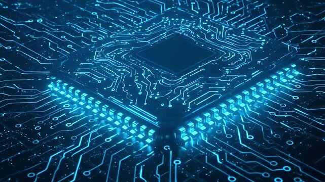 Close up of a glowing blue computer microchip circuit board.
