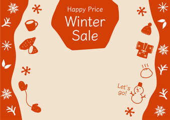 冬のセールバナー用　フレームイラストベクター素材　雪と雪だるまとニットと焼き芋とコーヒーのほのぼの冬素材