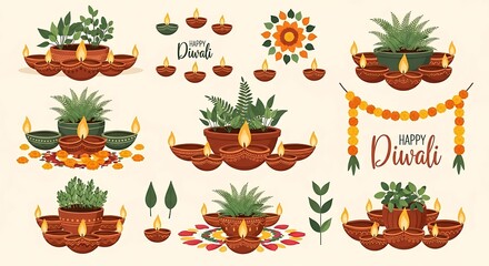 Eco-Friendly Diwali Vector Pack with Clay Diyas, Plants and Sustainable Festive Illustrations