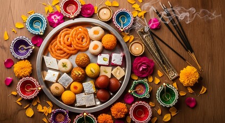 Festive Diwali Thali with Sweets, Diyas, Flowers and Incense