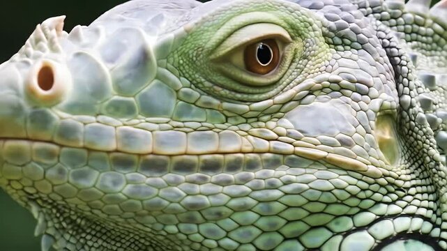 Close up of a green iguanas face showing intricate details of its scales and eye.