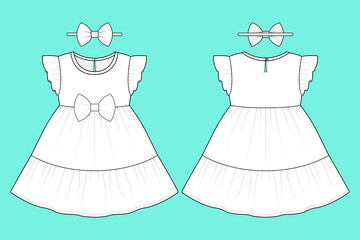 Baby Girl's Tiered Dress with Ruffled Sleeves and Bow Accent Outline Flat Sketch CAD Template.
