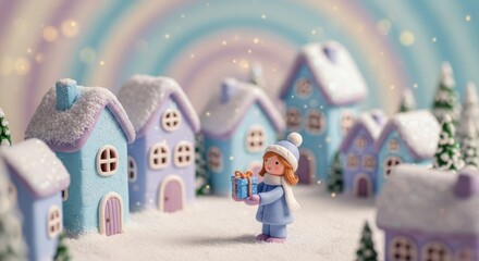 A girl is holding a gift in front of a blue house