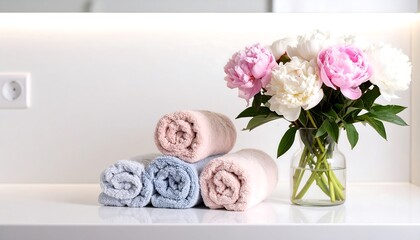 Rolled towels and peonies in a modern bathroom