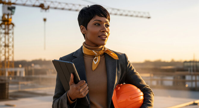 Confident female architect on a construction site with a hard hat and tablet at sunset