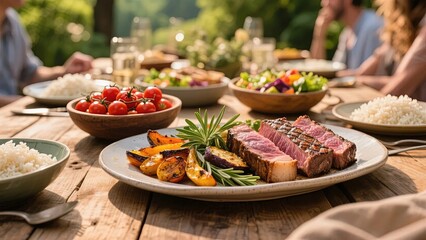 Fototapeta premium Grilled steak with roasted vegetables and herbs served on a wooden table during an outdoor meal