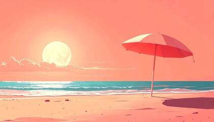 Coral to peach background, an iconic beach umbrella.