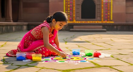 Child Creating Colorful Rangoli Design for Diwali Festival