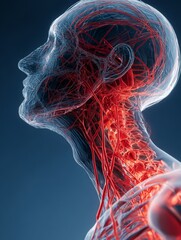 3D human model that has neck problems, light blue background