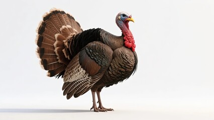 A male wild turkey standing with fanned tail feathers against a plain background