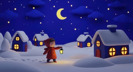 Naklejka premium A girl is holding a lantern in a snowy field