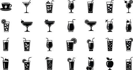 Diverse cocktail icons featuring various alcoholic and non-alcoholic beverages for bars, parties, and drink menus