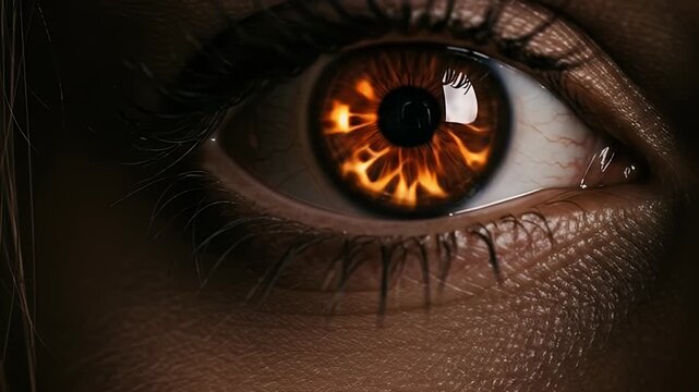 Close up of a human eye with a fiery iris.
