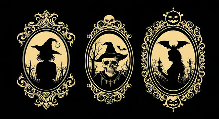 Elegant collection of gothic Halloween portraits in ornate frames with spooky silhouettes