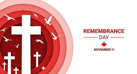Solemn Remembrance Day graphic commemorating peace and sacrifice, featuring symbolic white crosses and doves on a layered red background for November 11 observance