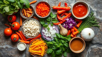 Colorful Asian ingredients beautifully arranged on a rustic stone surface.
