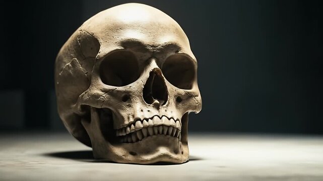 Close up of a human skull in a dimly lit museum setting.