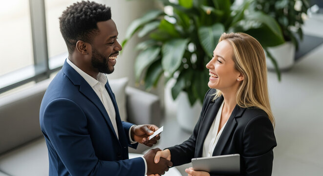 Diverse business professionals shaking hands and exchanging business card in office
