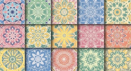 Modern Abstract Rangoli Vector Backgrounds in Pastel Gradients and Geometric Seamless Patterns