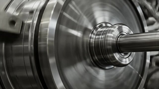 Close up of a large industrial metal component being machined on a lathe.