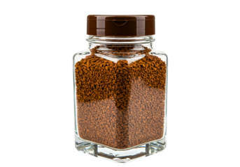 Square glass jar filled with instant coffee granules isolated on transparent background