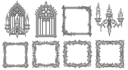 A collection of ornate gothic architectural elements featuring decorative frames, windows, and candelabras