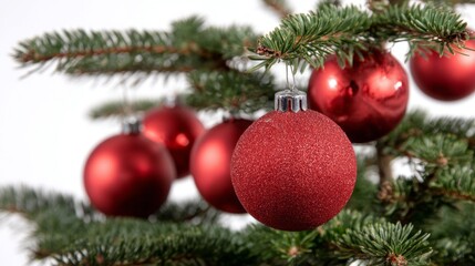 Obraz premium Beautiful Christmas tree adorned with shiny red ornaments celebrating the holiday season in a warm indoor setting
