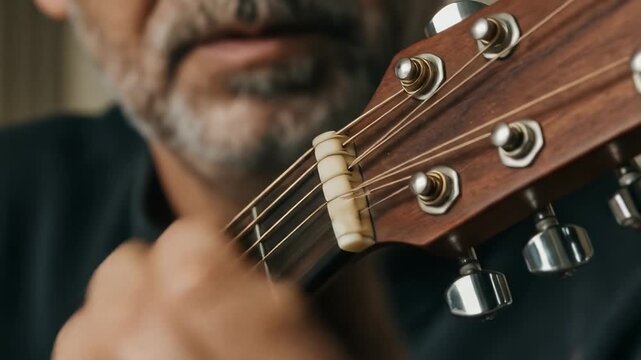 Close up of a man playing an acoustic guitar focusing on the fretboard and tuning pegs.