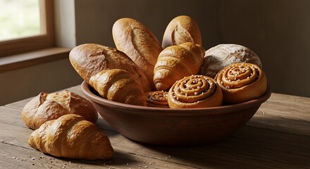 Assorted Fresh Baked Goods in Ceramic Bowl on Wooden Surface