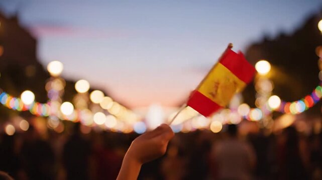 Hand Waving a Spanish Flag at a Festive Evening Event.