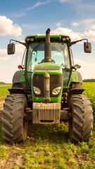 Obraz premium Front view of a green tractor in a field