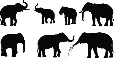 Elephant silhouette vector set, wildlife animal poses, jungle mammal illustration, black shape graphic, nature icon collection, cad drawing flat vector illustration