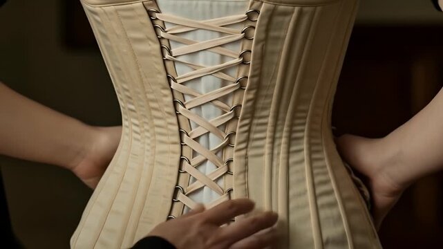 Close up of a person lacing up a corset.