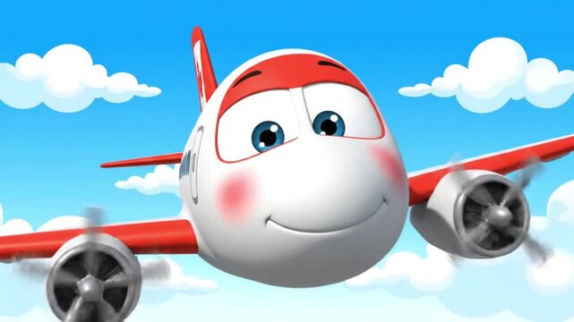 smiling cartoon airplane flying blue sky with clouds