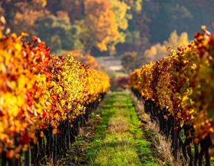 Autumn Vineyard Rows in Sunlight.