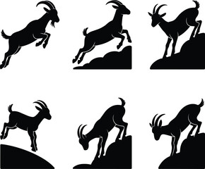 Mountain goat silhouette jumping, climbing, leaping, descending, rocky terrain, wildlife vector, nature icon, agile animal, CAD drawing flat vector illustration