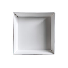 Open white square box, viewed from above on black