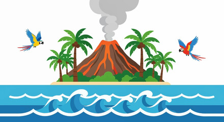 Volcanic island erupts with lava smoke birds flying above ocean waves palm trees present © Avra