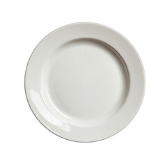 Plain, white, round, empty plate on a dark background