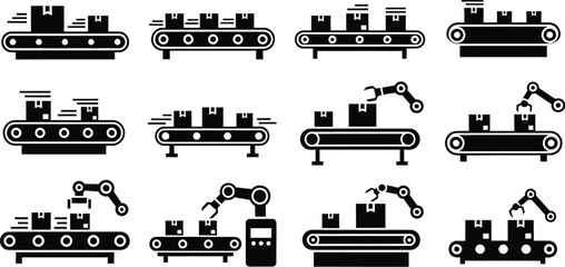 Obraz premium Set of conveyor belt factory assembly line with robotic arm silhouette vector illustration
