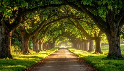 Sun Drenched Path Through Canopy of Trees Creating Natural Archway with Sunlight Casting Shadows and Green Foliage in Serene Landscape Scenery