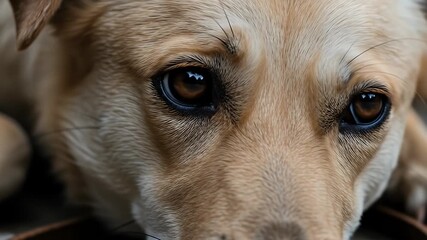 Close up of a sad dogs face with soulful eyes looking directly at the camera.