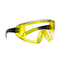 Yellow safety glasses with black arms, side profile