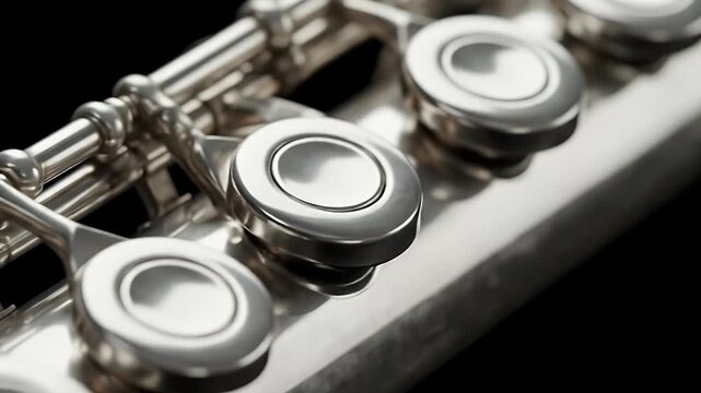 Close up of a silver flute keys and mechanism.