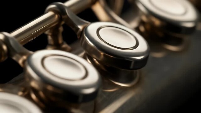 Close up of a silver flute keys and rods with shallow depth of field.