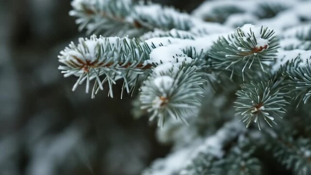 Close up of a snow covered pine tree branch in winter.