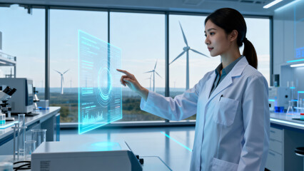 Scientist interacting with holographic display in lab