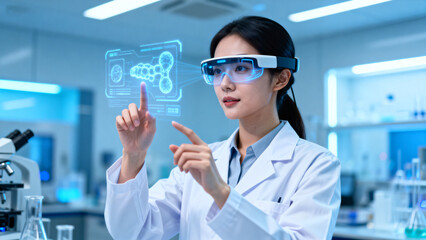 Scientist using augmented reality headset in lab